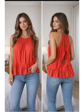 Women's atikshop Orange Halter Ruffle Tank Top S